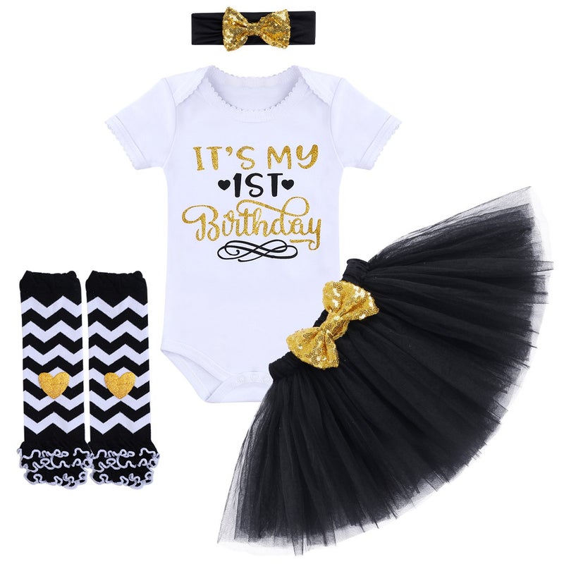 OBEEII Itâ€™s my 1st Birthday Outfit Baby Girl Jumpsuit Tutu Skirt Glitter Headband Leg Warmers Clothes 4pcs Set Cake Smash Baby Shower Black 1st Birthday 1 Year Old - Image 1